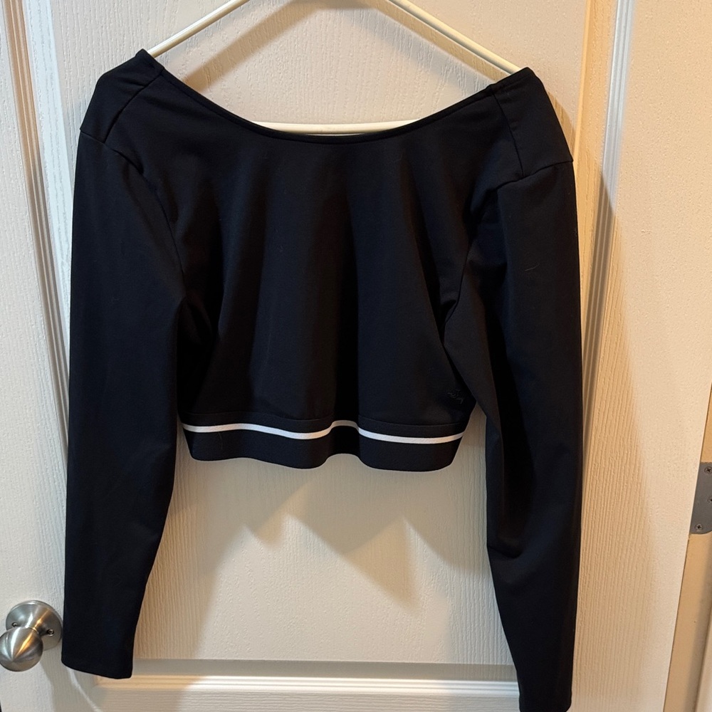JoyLab Black Cropped Long Sleeve Top with White Hem Stripe